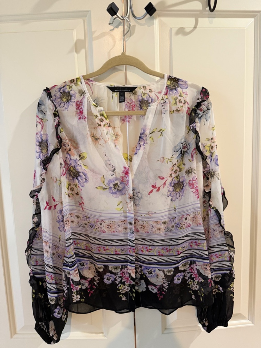 White House Black Market Sheer Floral V-Neck Blouse in White and Black